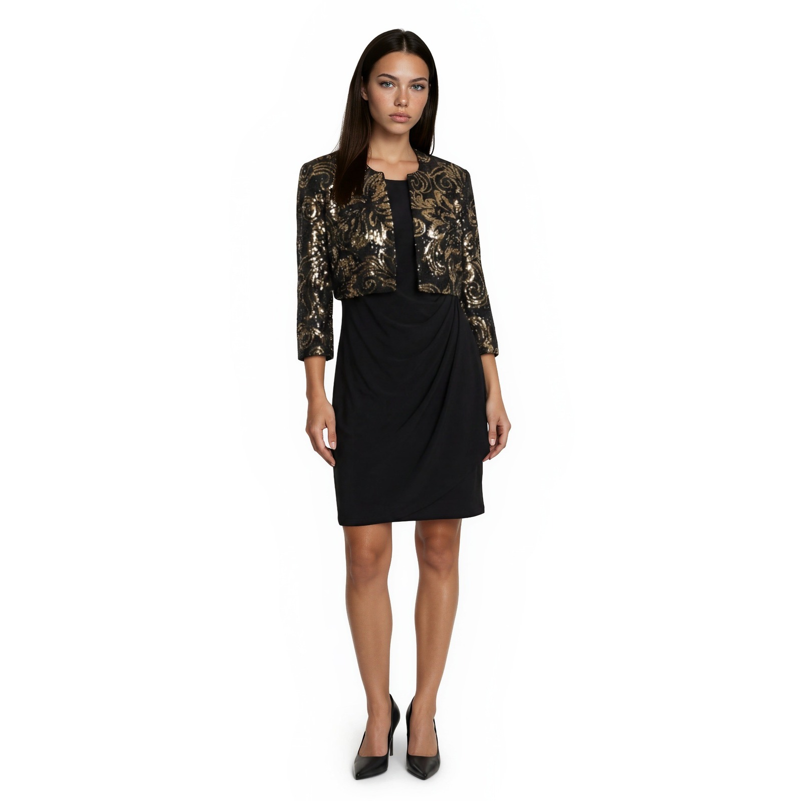 New Alex Evenings Dress Set Women's Size 4p Black Gold Sequin Bolero Cocktail